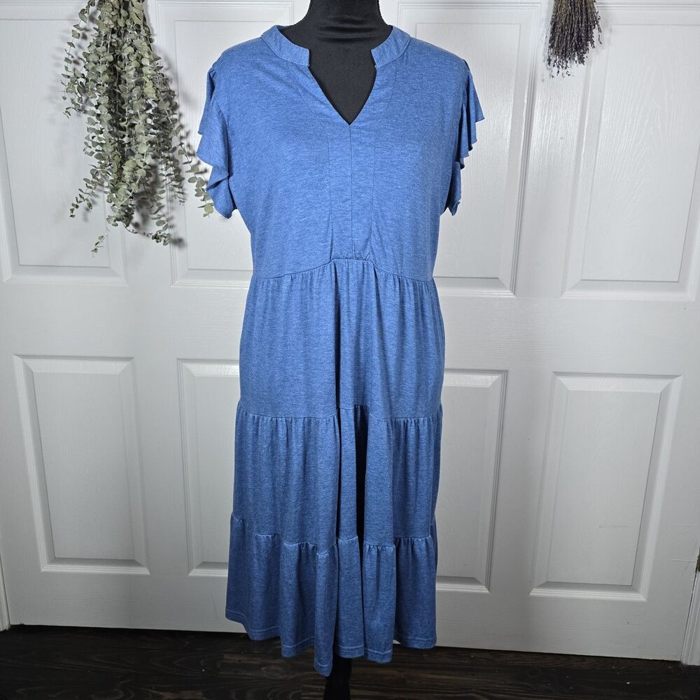 UVN Blue Midi Tiered Jersy T-Shirt Dress XL Pockets Ruffle Sleeve
